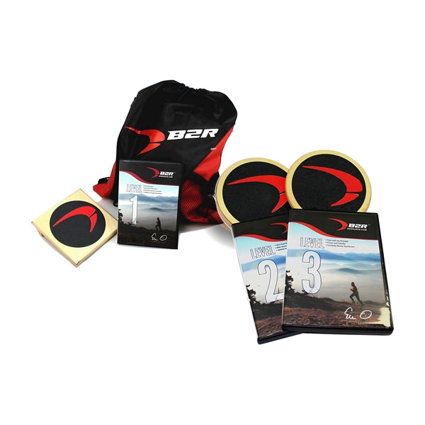 BORN2RUN European Levels 1, 2 and 3 bundle: Slant Wobble Board, equipment bag, two stability disks and the Level 1, 2 and 3 videos, no balance poles